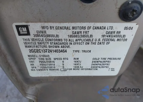 2004 Chevrolet Silverado 1500 Lt из США, поврежденный, VIN 2GCEC13T241403464